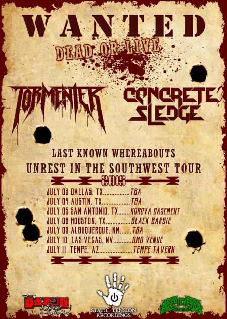 Tormentor - Concrete Sledge - promo tour flyer - July 2015 - MO