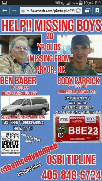 Cody Parrick - Ben Baber - missing - flyer - Rocklahoma - may 22 - 2015 - MO