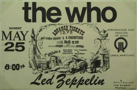The Who - Led Zeppelin - Merriweather Post Pavillion - concert flyer - Columbia Maryland - 1969 - May 25 - #MO777ILN